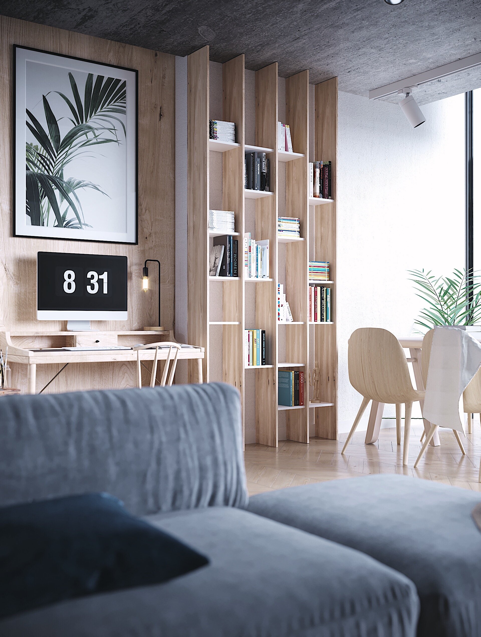 Peretele de lucru văzut din living: panou din stejar cu birou și lampă neagră, bibliotecă înaltă din stejar cu rafturi subțiri și masă de dining lângă fereastră