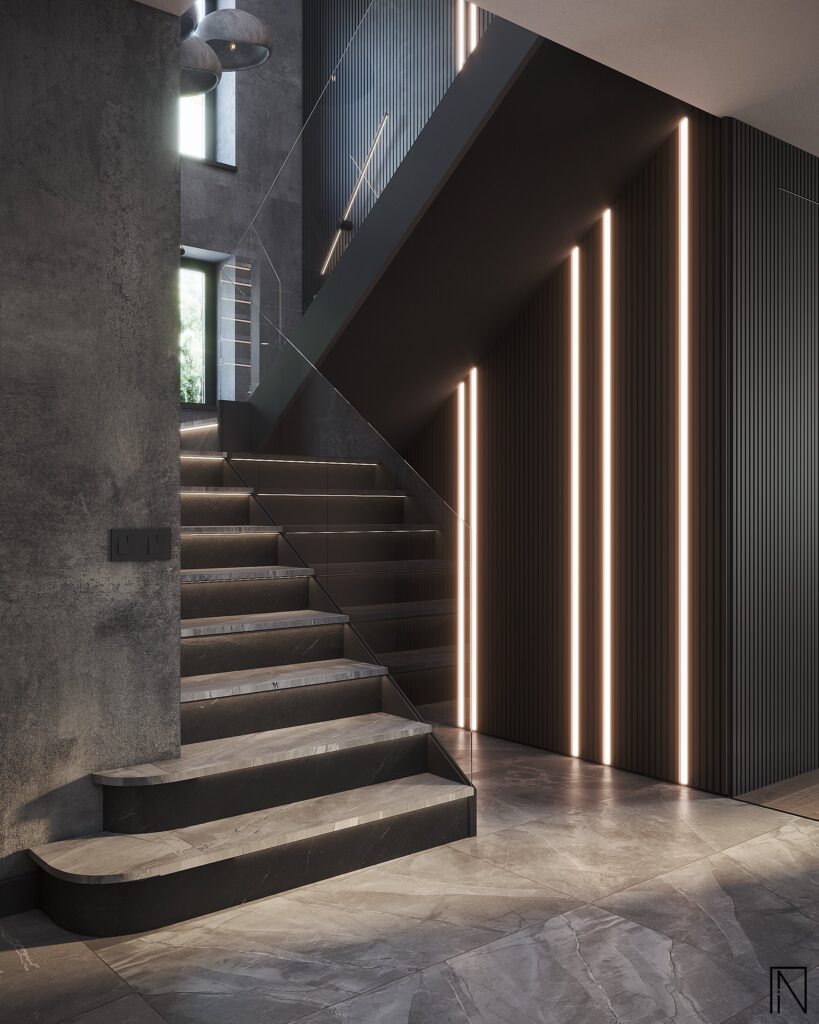 Scara văzută mai de aproape, cu trepte iluminate, balustradă de sticlă și linii LED calde pe peretele riflat negru