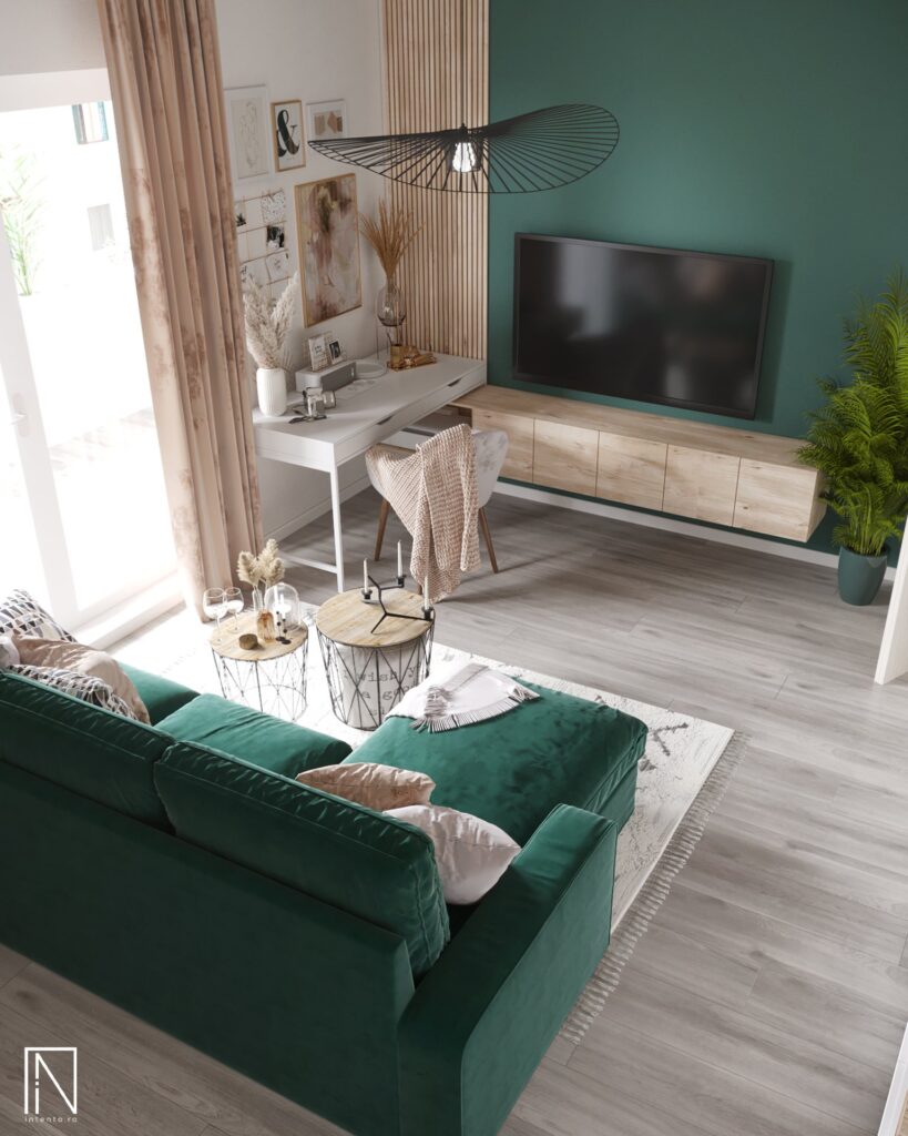 Livingul văzut de sus: canapea din catifea smarald, două măsuțe din sârmă, birou alb lângă fereastră și perete TV verde cu comodă din stejar