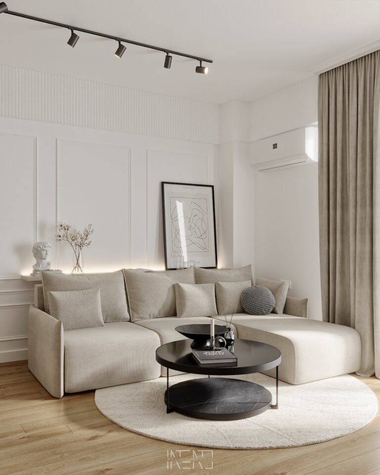 Rendering of the cream corner sofa on a round white rug, with a black two-tier coffee table and moulded wall panels